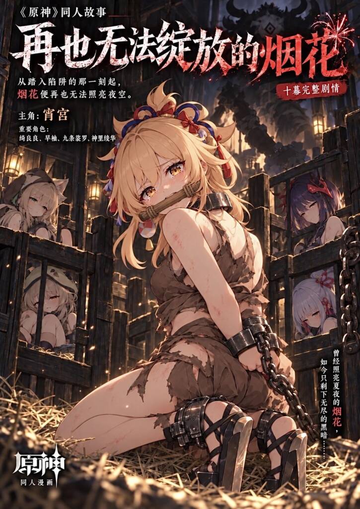 被奴化的宵宫—— 被丘丘人囚禁的宵宫，双手被铐在背后，脖子锁着铁项圈，双脚被迫穿上无法正常行走的怪异高跟鞋。她被当作牲畜驱使，每天拖动沉重的马车。从拼命挣扎到麻木顺从-5元站